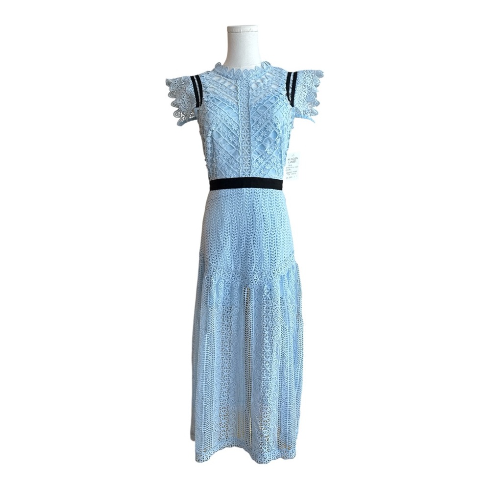MDC3- Blue lace maxi dress with ruffle sleeves and black accents size small